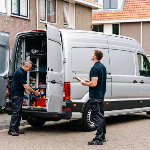 Vakkundige elektricien van Zuiderwijk Elektra in Valthermussel met servicebus vol gereedschap.